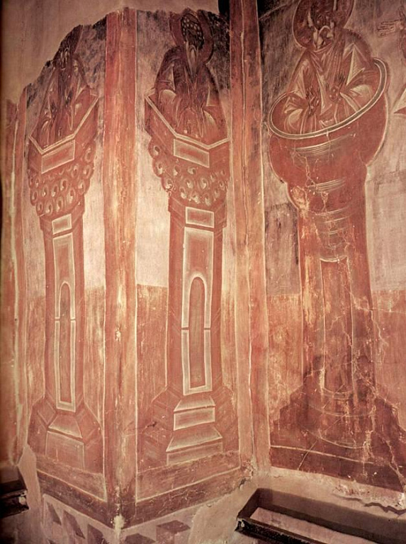 Три Столпника, 1378 Вид южной стены с изображением трех Столпников Собор Спаса Преображения, Новгород Три Столпника, 1378 Вид южной стены с изображением трех Столпников Собор Спаса Преображения, Новгород